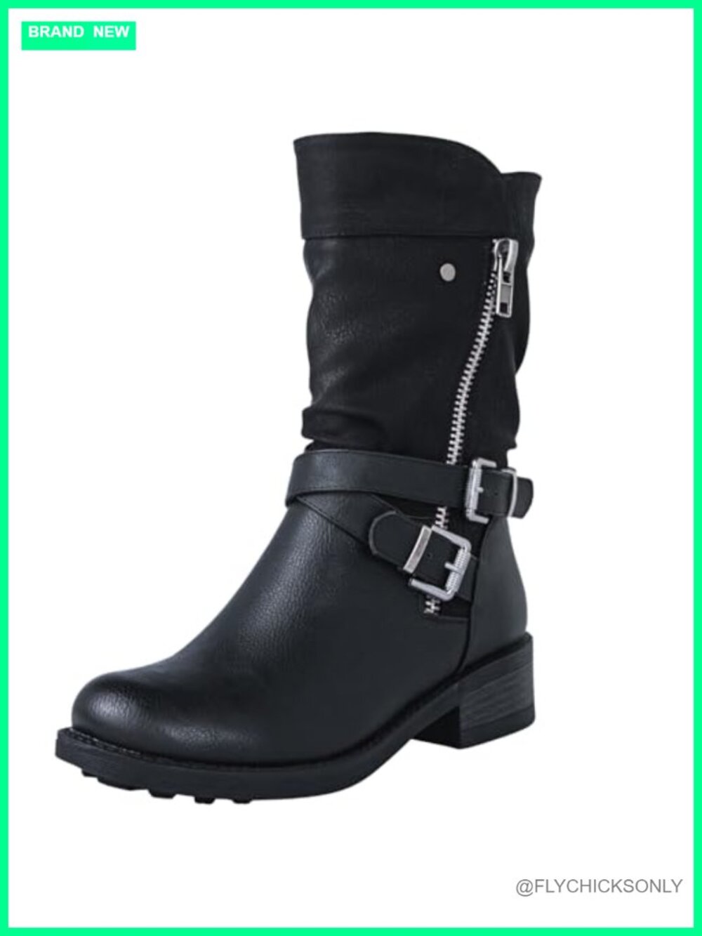 Women's Faux Leather Mid-Calf Biker Boots with Zipper and Buckle